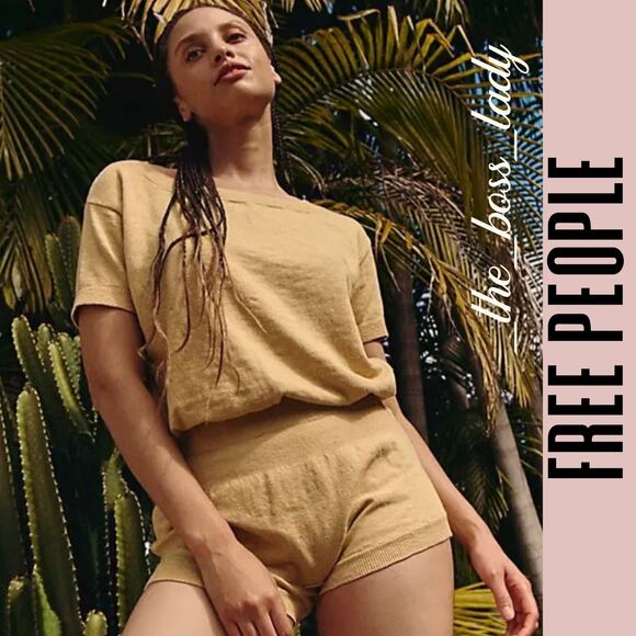 Free People romper knit cotton linen elastic waist boho summer stretchy Small - Picture 3 of 10